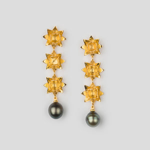 gold triple lotus earrings with tahitian pearls 