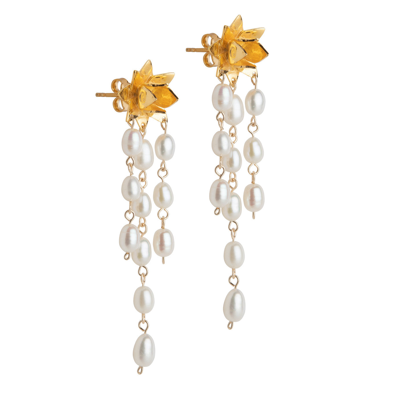 Front view of Lotus Cascade pearl earrings in gold vermeil on white background