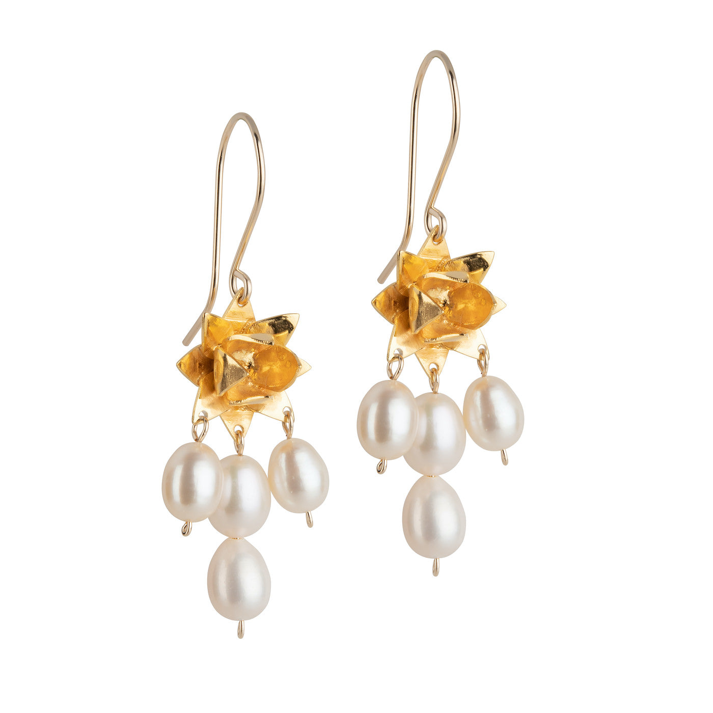 Front view of Lotus Dawn Pearl Earrings in gold vermeil on white background