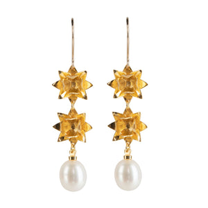 Front view of Double Lotus Pearl hook earrings in gold vermeil