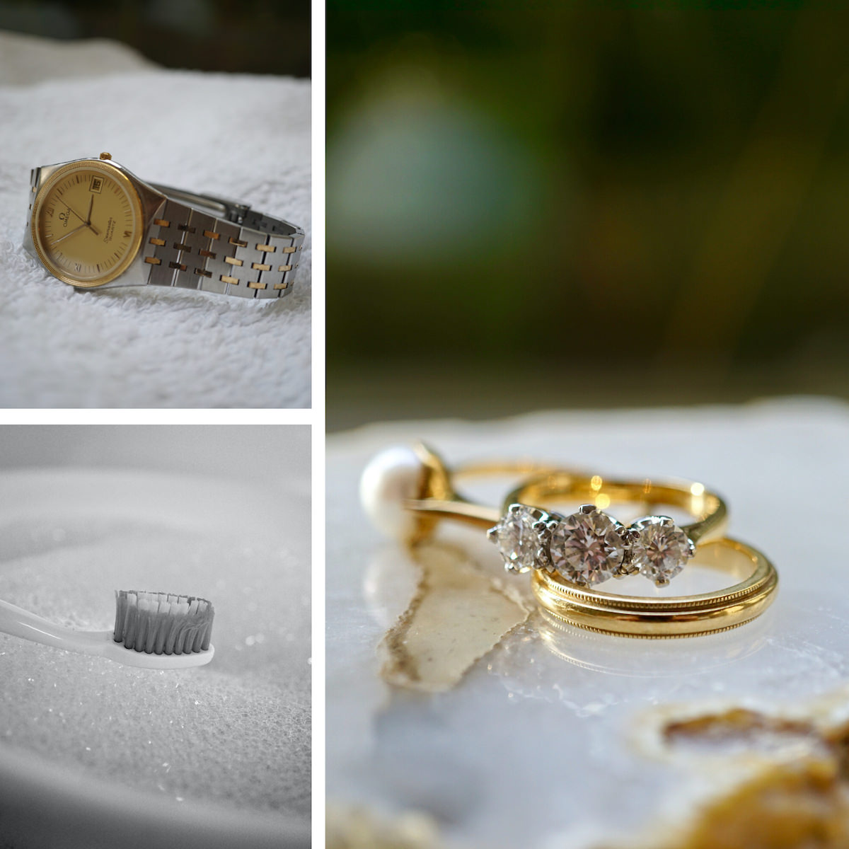 Diamond engagement ring, watch and cleaning solution