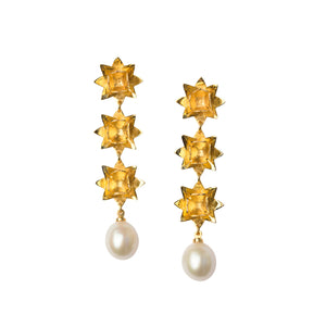 Triple Lotus Pearl Earrings - Gold
