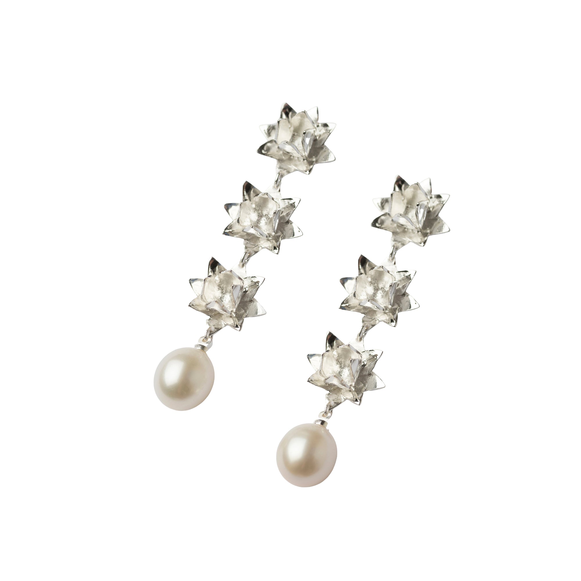 Triple Lotus Pearl Earrings - Silver