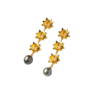 Triple Lotus Tahitian Pearl Earrings - Gold