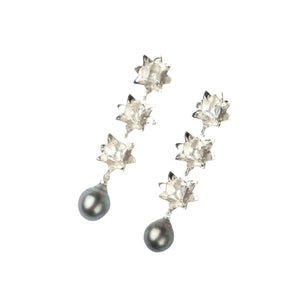 Triple Lotus Tahitian Pearl Earrings - Silver