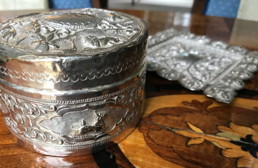 Silver betel leaf box and silver tray