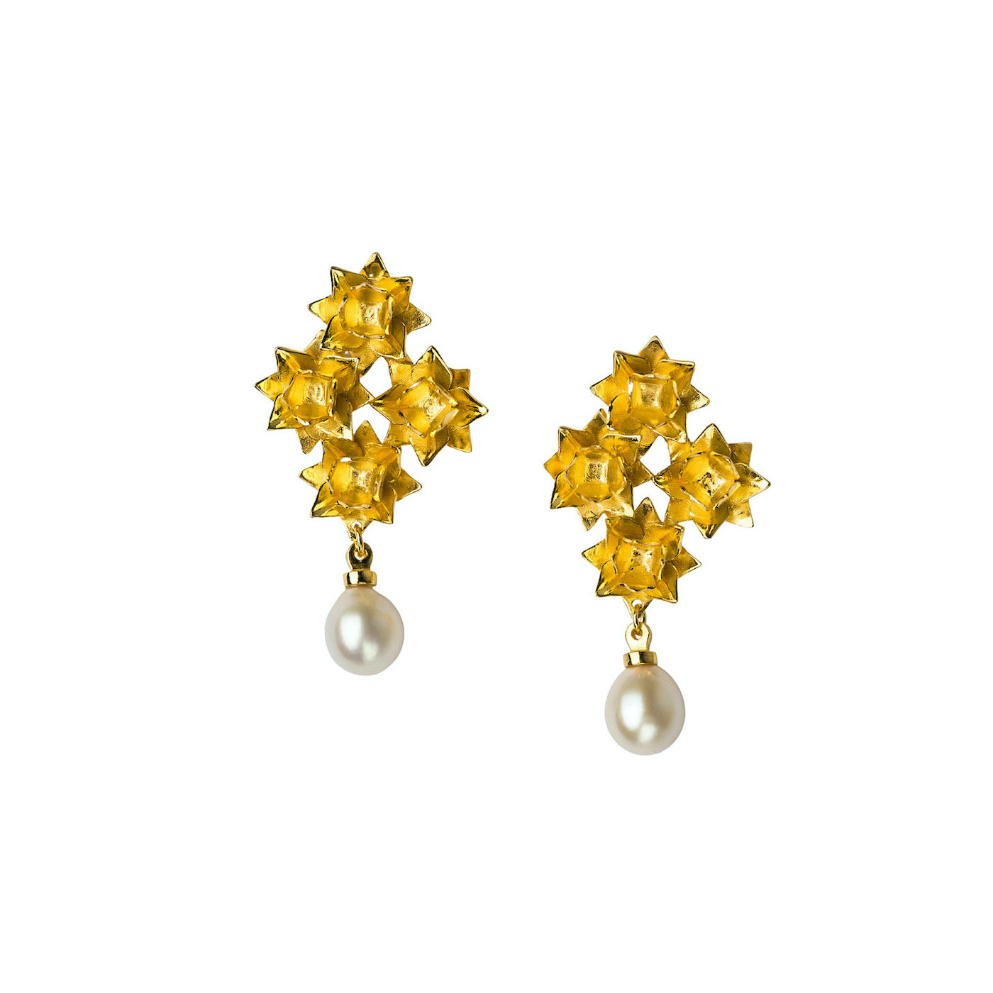 Front view of Gold four lotus pearl earrings on white background