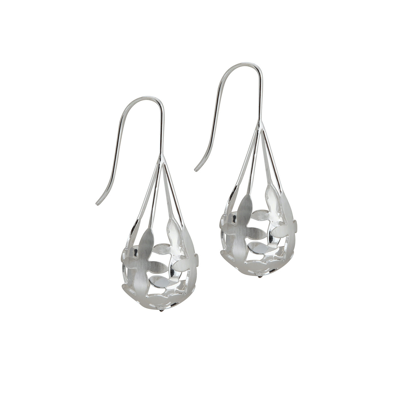 Side view of Brave Edith Thanaka Leaf Drop earrings in sterling silver on white background