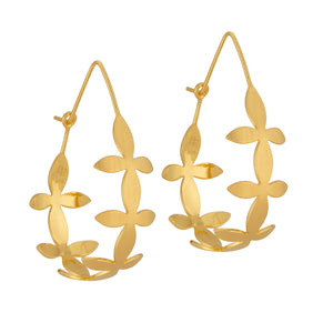Front view of Brave Edith Thanaka Leaf Teardrop hoops in gold vermeil on white background