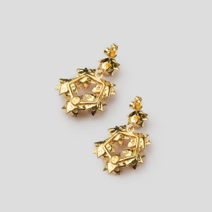 back of gold lotus wreath earrings on white background