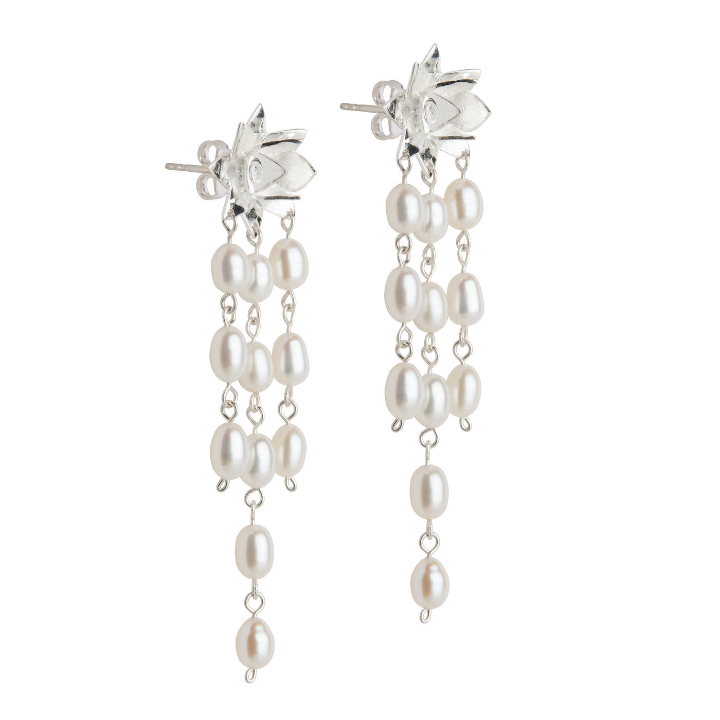 Front view of Lotus Cascade pearl earrings in sterling silver on white background