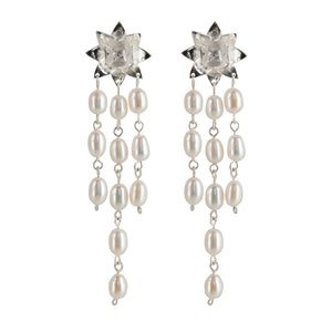 Front view of Lotus Cascade pearl earrings in sterling silver on white background
