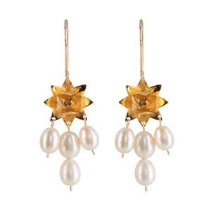 Front view of Lotus Dawn Pearl Earrings in gold vermeil on white background