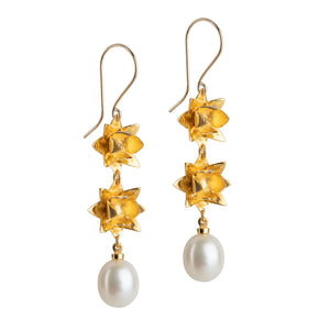 Side view of Double Lotus Pearl hook earrings in gold vermeil