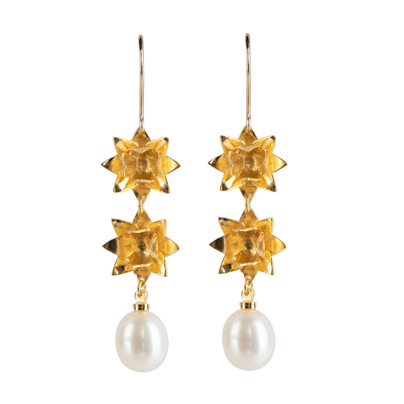 Front view of Double Lotus Pearl hook earrings in gold vermeil