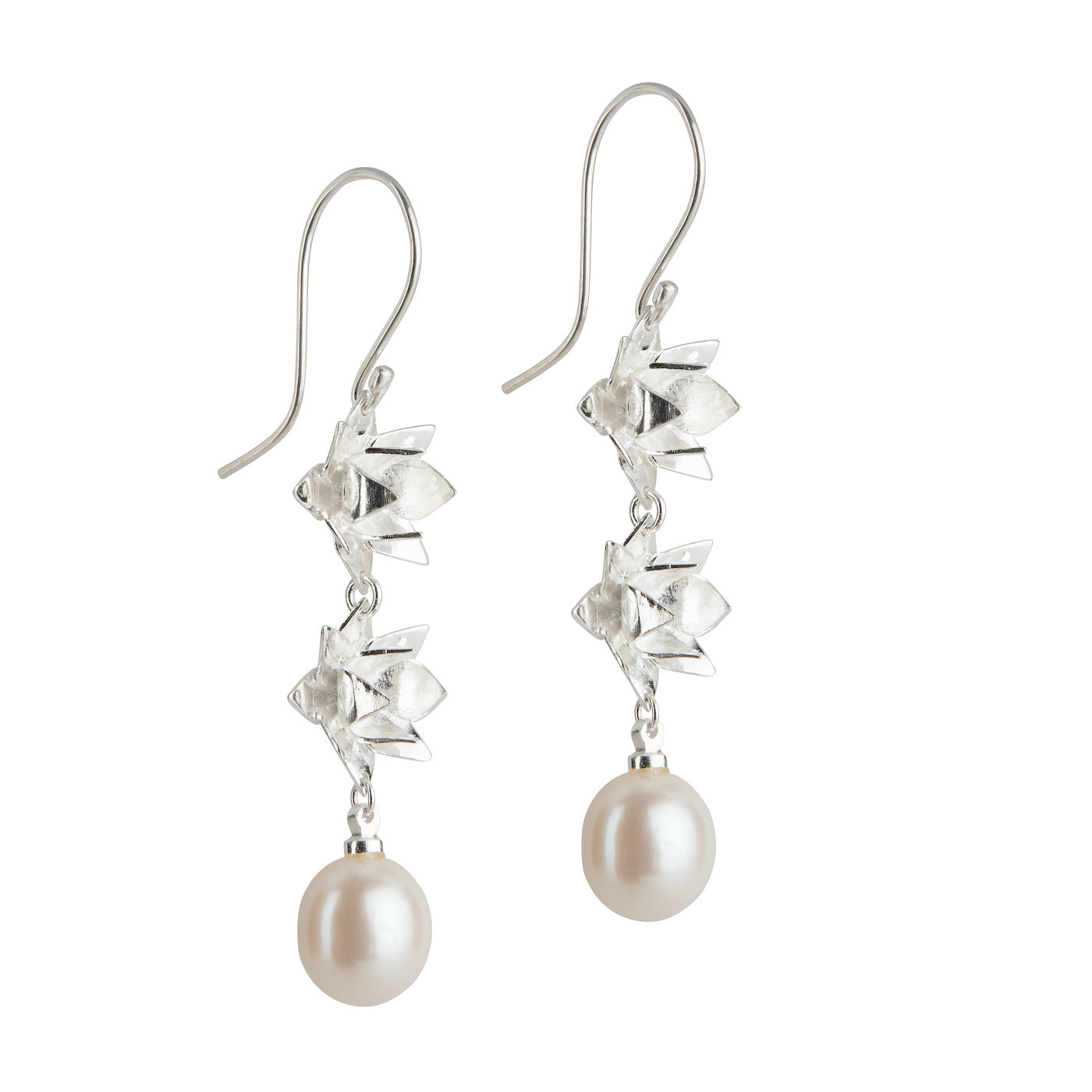 Side view of Double Lotus Pearl hook earrings in sterling silver