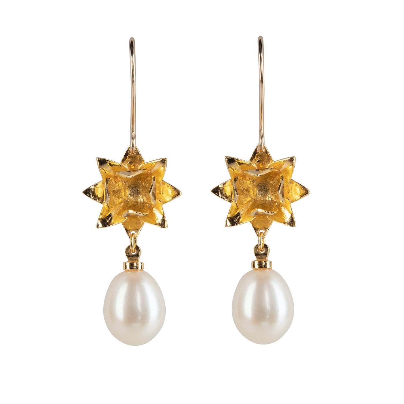 Side view of Lotus Pearl hook earrings in gold vermeil on white background