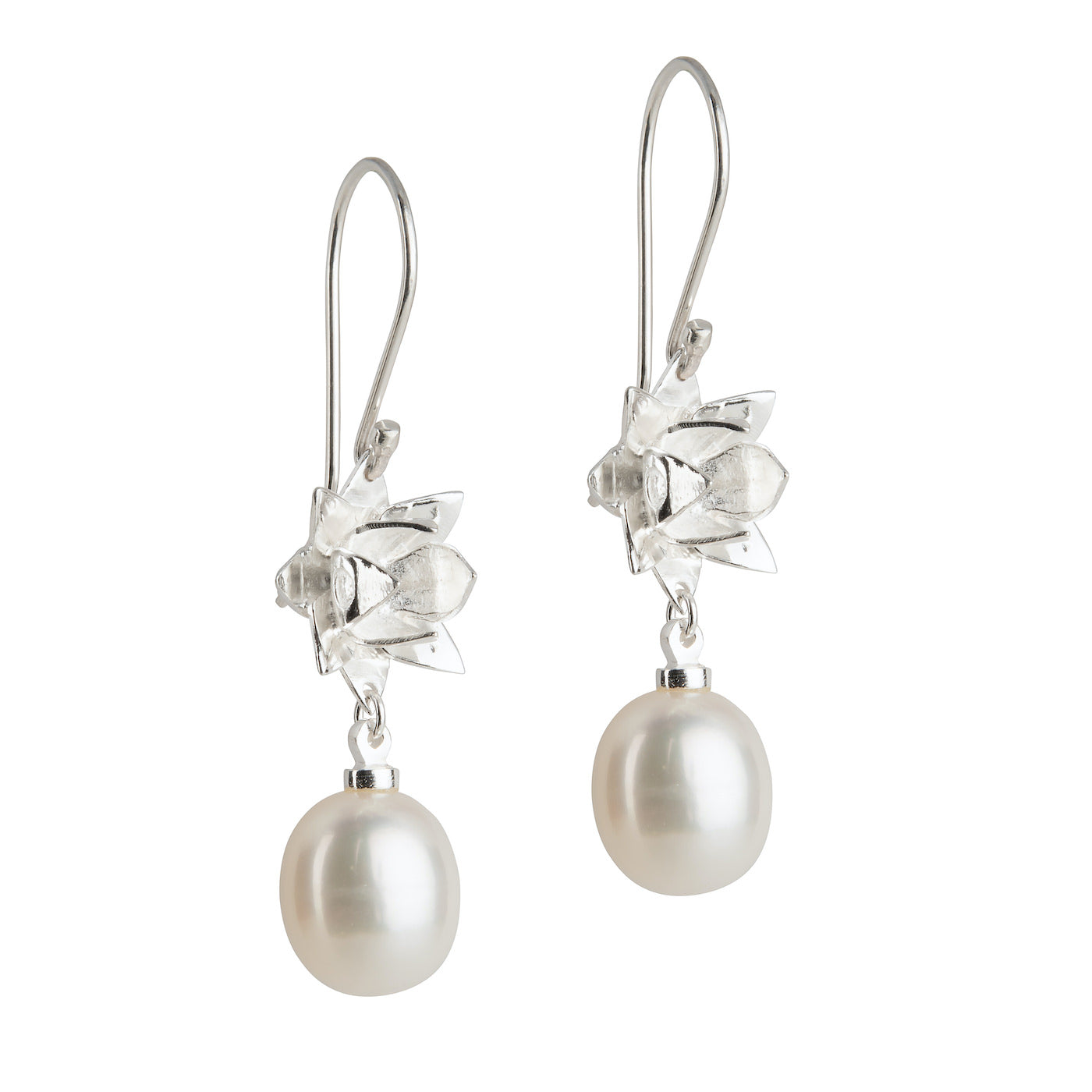 Front view of Lotus Pearl hook earrings in sterling silver on white background