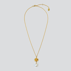 Adjustable length 18K gold vermeil lotus Pearl necklace by Brave Edith on white background