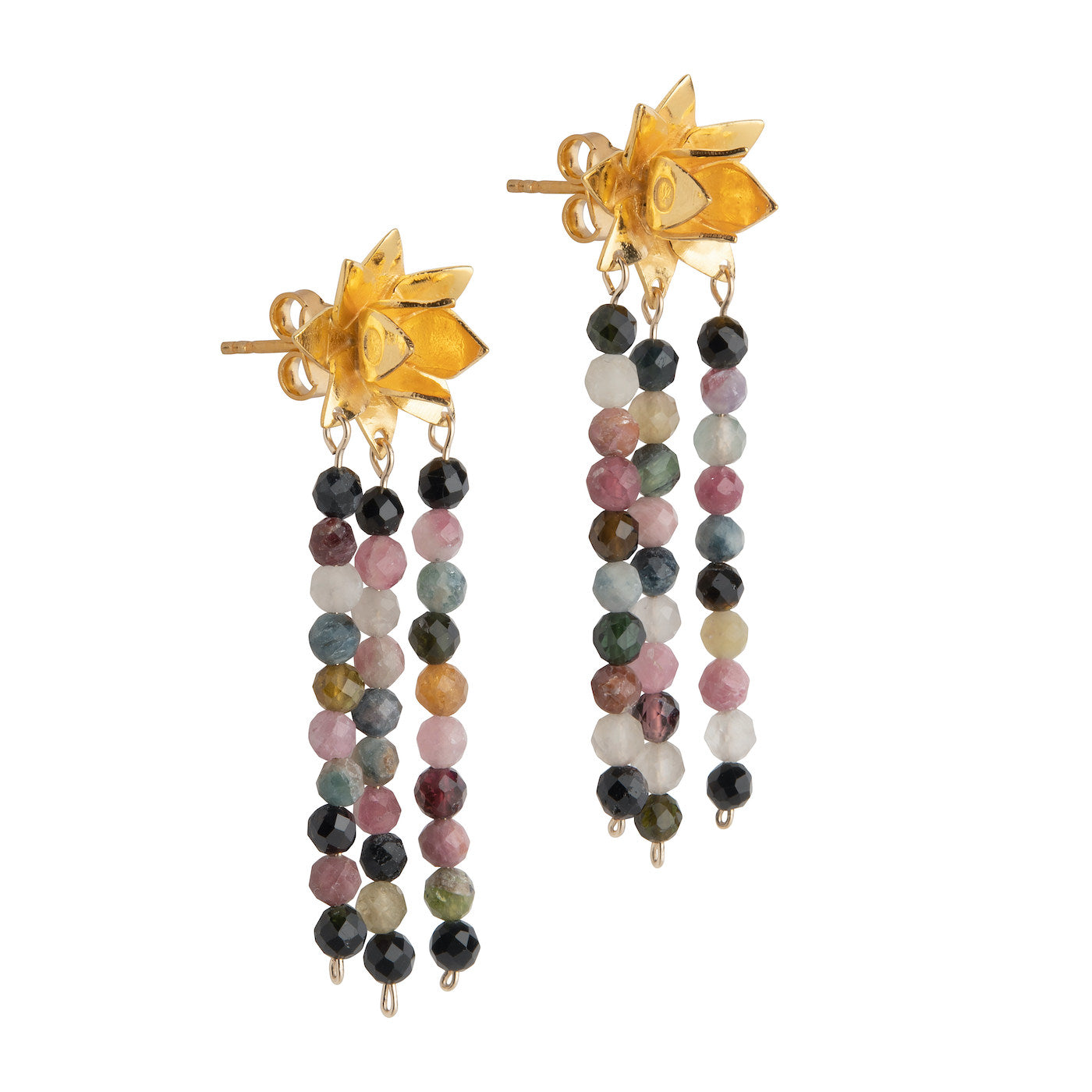 Side view of Lotus Tourmaline Statement studs in gold vermeil on white background