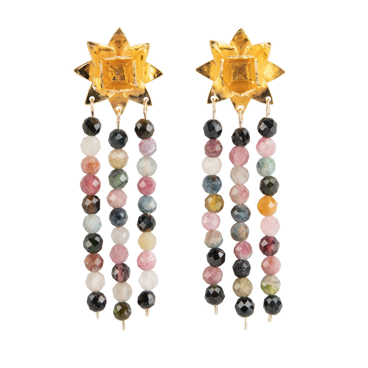Side view of Lotus Tourmaline Statement studs in gold vermeil on white background