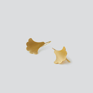 Fronts of Satin finished Plume Hook Earrings in 18K gold vermeil on white background