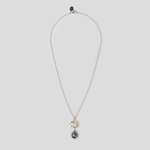 silver lotus necklace with Tahitian pearl on white background