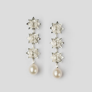 silver triple lotus pearl earrings on white background